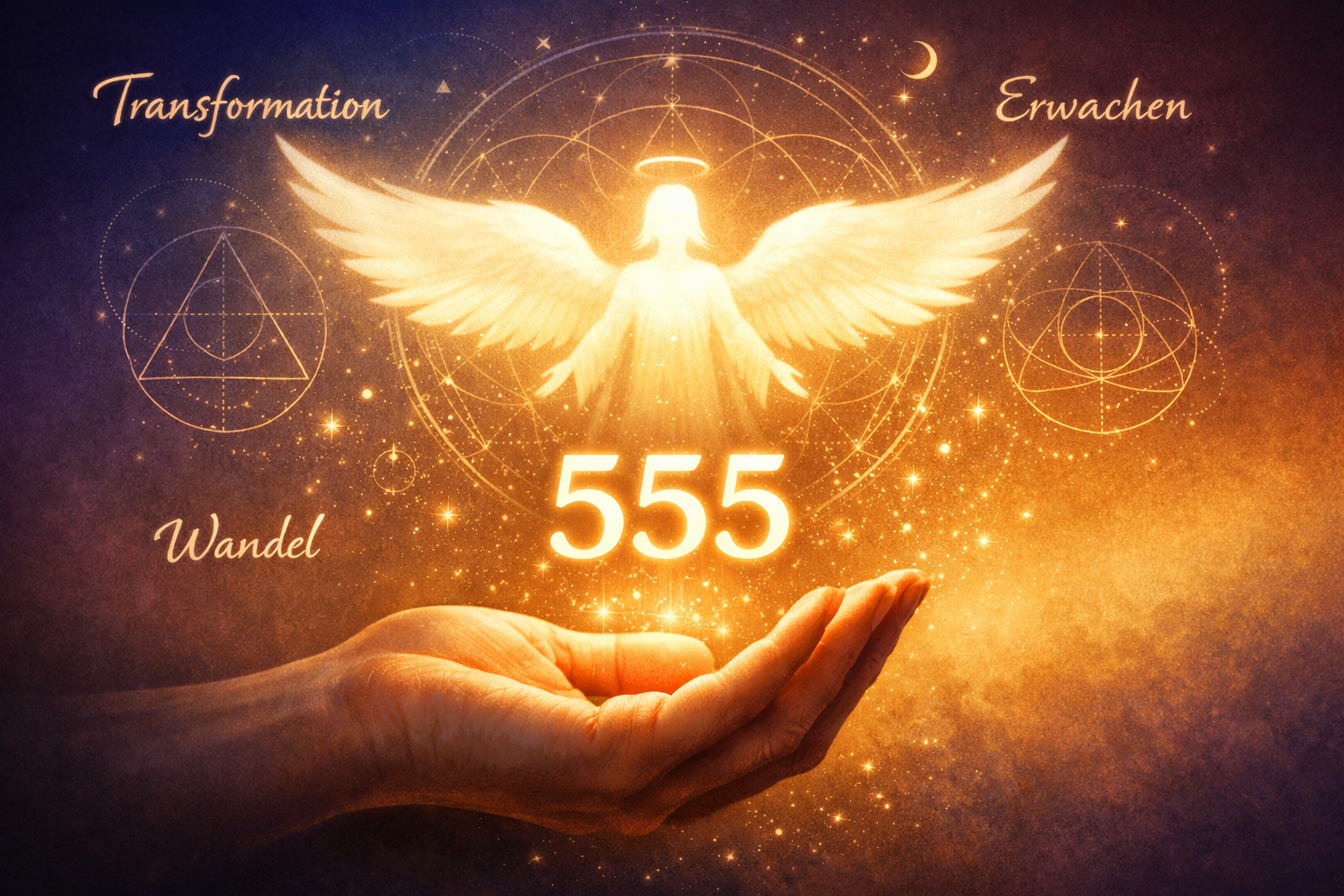 () editorial illustration showing a luminous angel silhouette with outstretched wings hovering above an open human hand. The