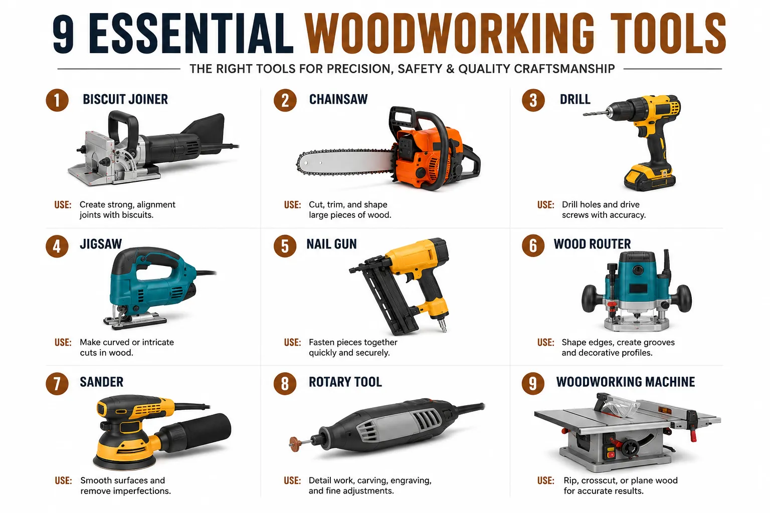 A flat-lay infographic showing 9 essential woodworking tools labeled with names and primary uses: Equipment Used in Woodworking