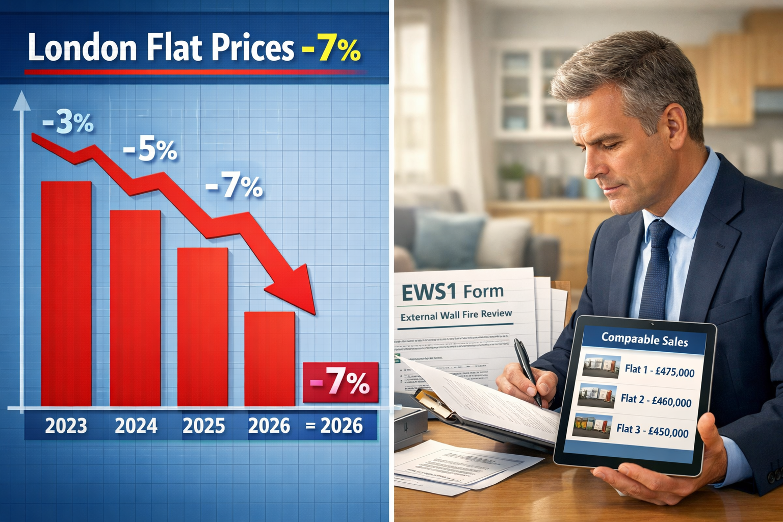 Landscape format (1536x1024) editorial image showing split-screen comparison: left side displays declining red bar chart labeled 'London Fla