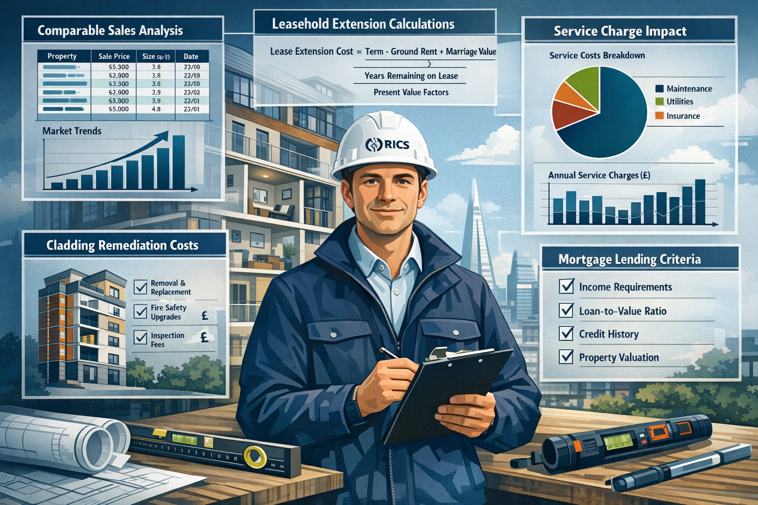 Landscape format (1536x1024) detailed infographic illustration showing chartered surveyor toolkit and methodology: central figure of RICS-ac