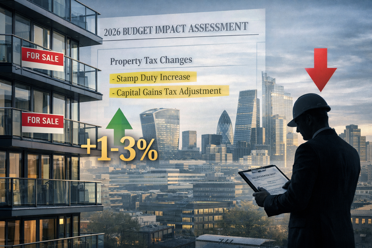 Landscape format (1536x1024) professional composition showing London property market outlook: foreground features modern glass apartment bui