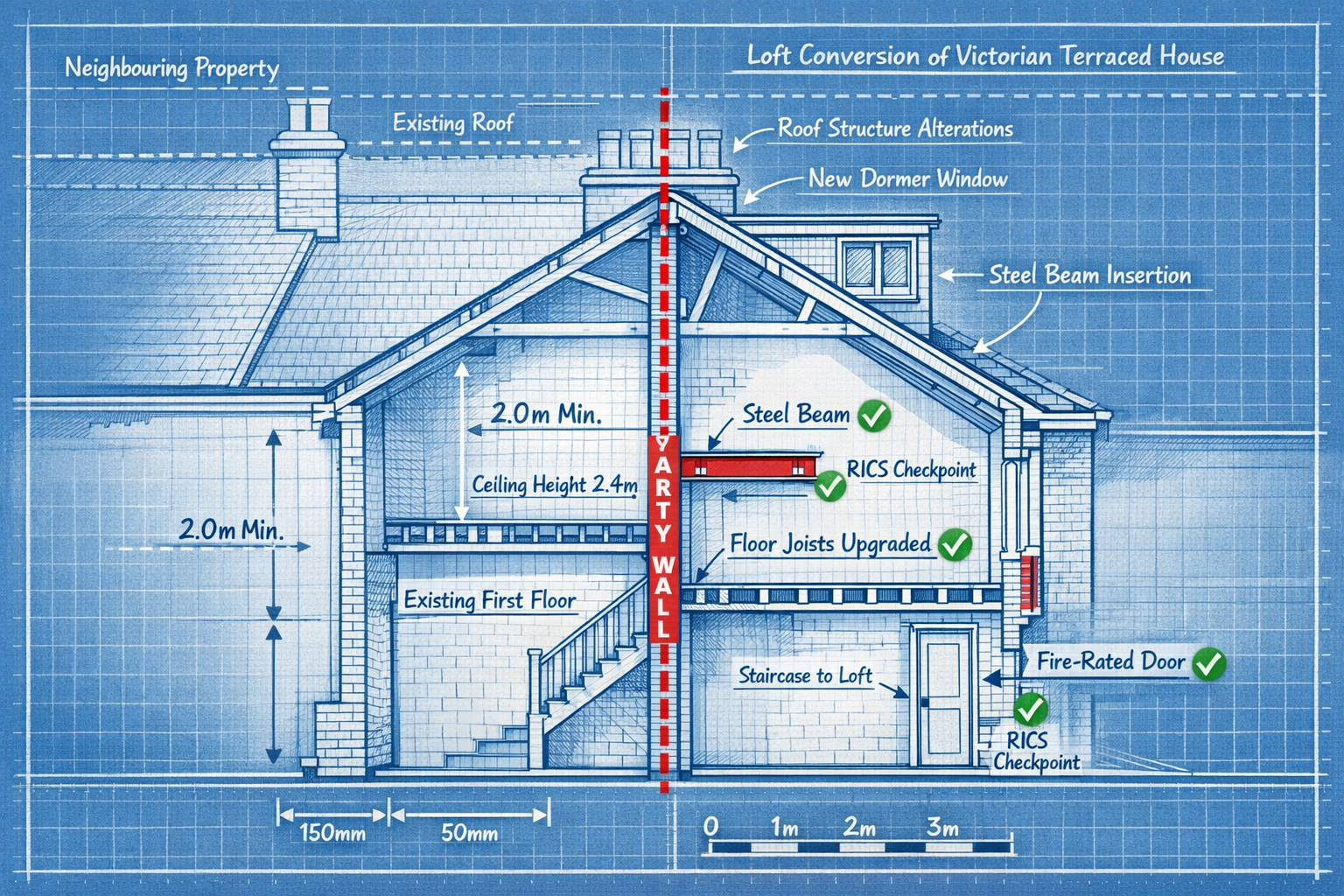 () technical illustration showing cross-section architectural diagram of Victorian terraced house loft conversion with party