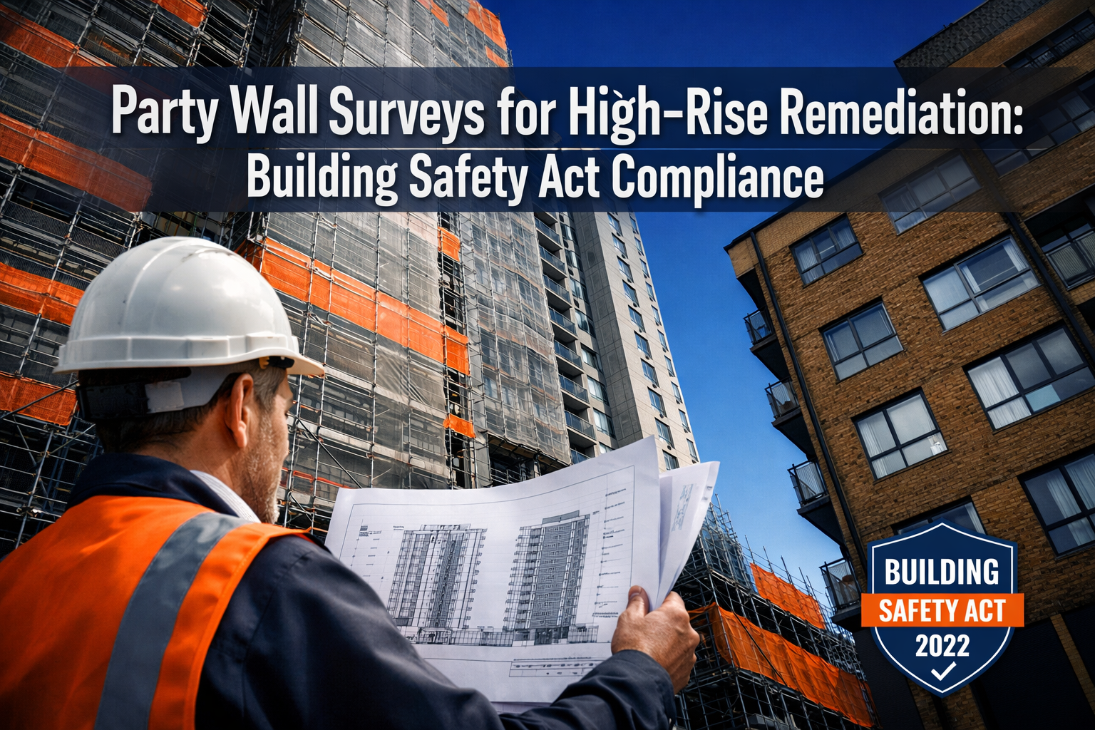 Professional () editorial hero image featuring 'Party Wall Surveys for High-Rise Remediation: Building Safety Act