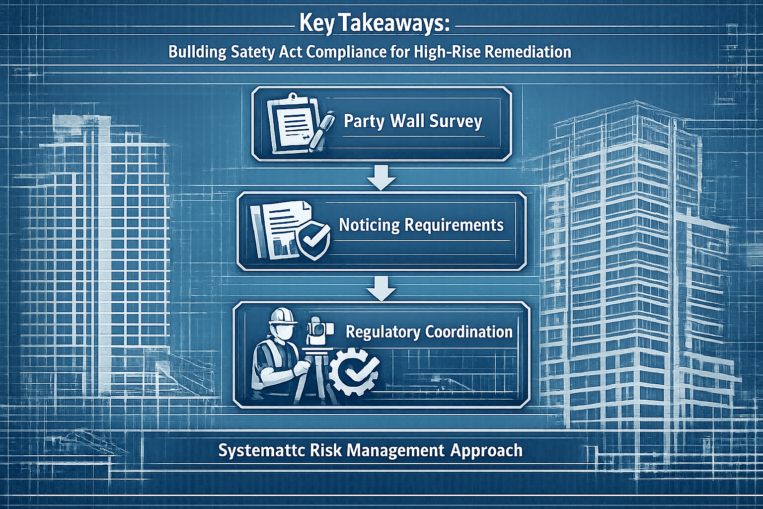 Key Takeaways infographic visualizing Building Safety Act compliance for high-rise remediation, featuring architectural