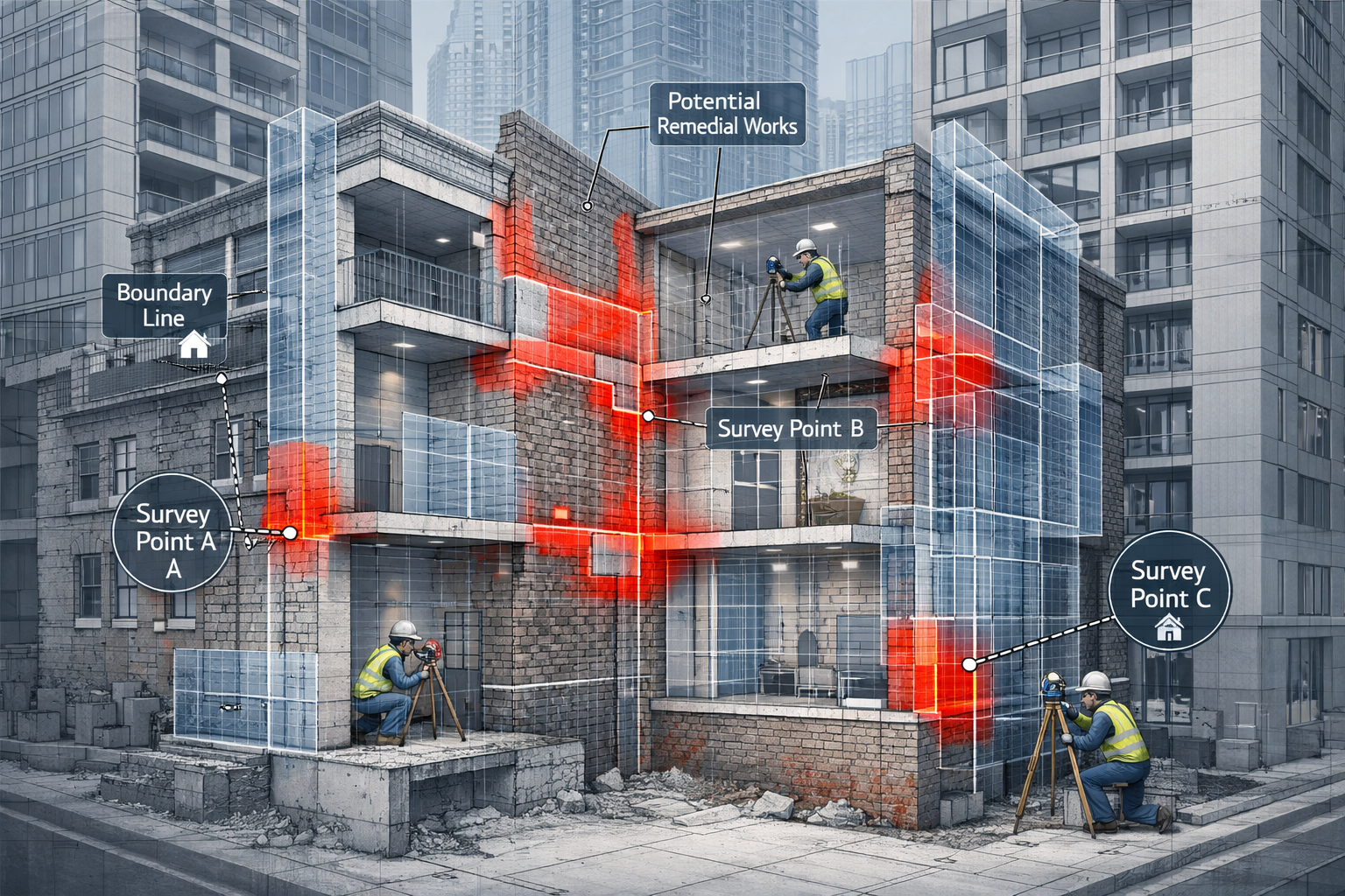 Technical architectural visualization depicting complex Party Wall Act applications in high-rise urban context. Cutaway view