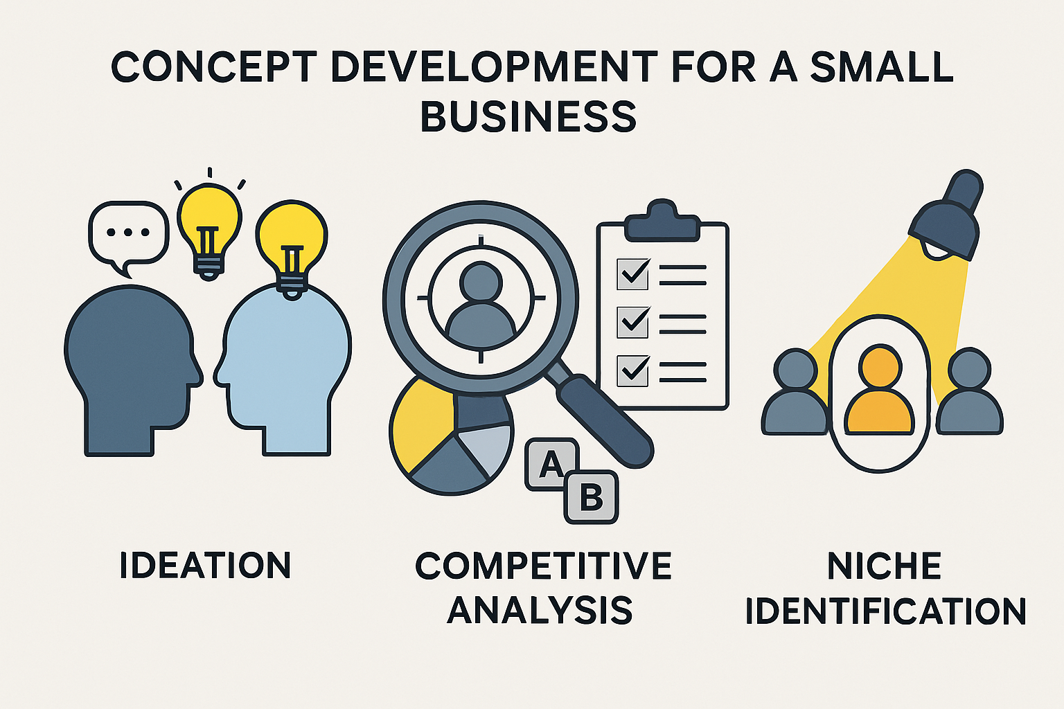 A detailed infographic illustrating the stages of concept development for a small business: ideation (brainstorming icons, lightbulbs), mark