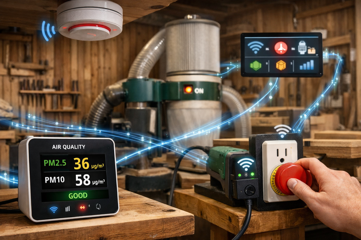 Detailed () image for the 'Enhancing Safety with IoT in Your Workshop' section, showing a woodworking workshop. The