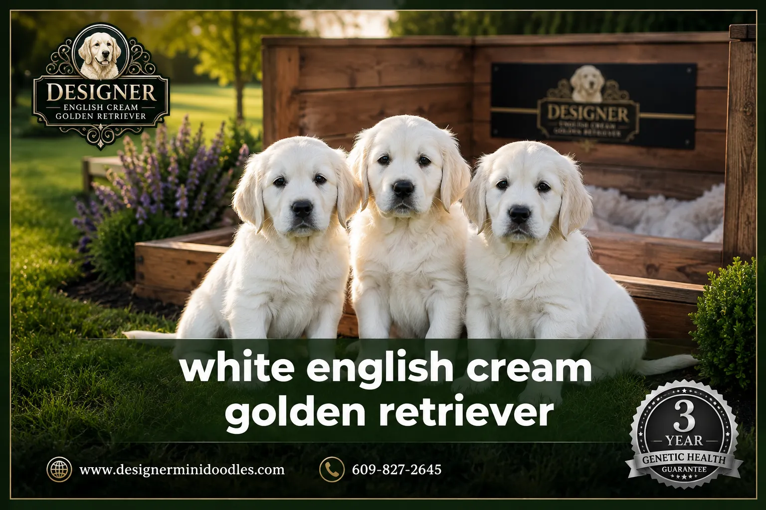 Professional () editorial hero: SHORT 'white english cream golden retriever' in crisp white heavy set on two centered lines