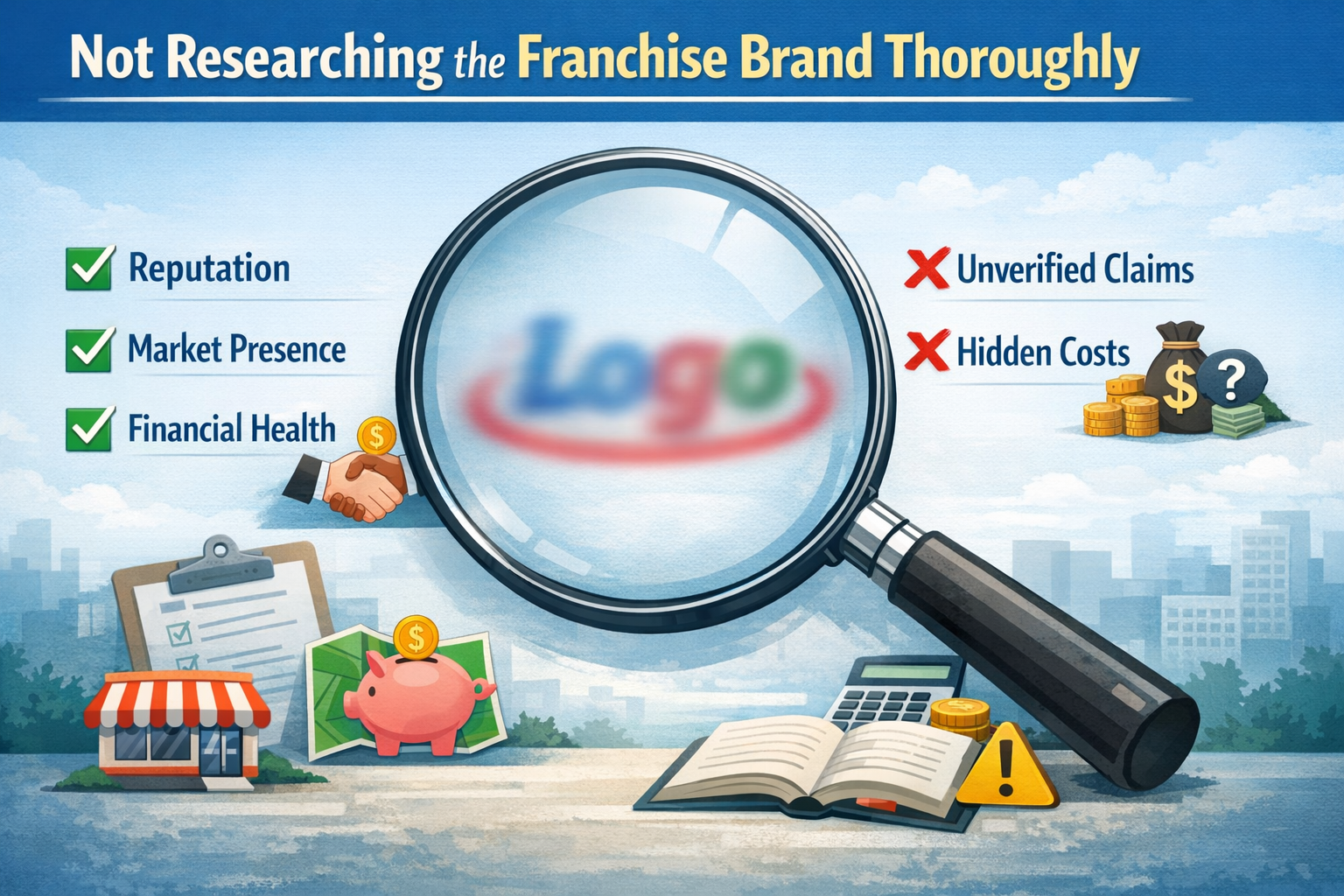 A detailed infographic landscape format (1536x1024) visually representing the mistake of 'Not Researching the Franchise Brand Thoroughly'. T