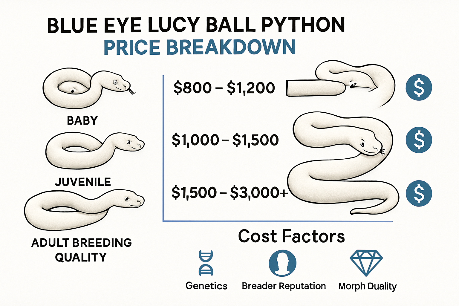 Detailed infographic showing blue eye lucy ball python price breakdown with visual elements including baby snake ($800-1200), juvenile (Section Image00