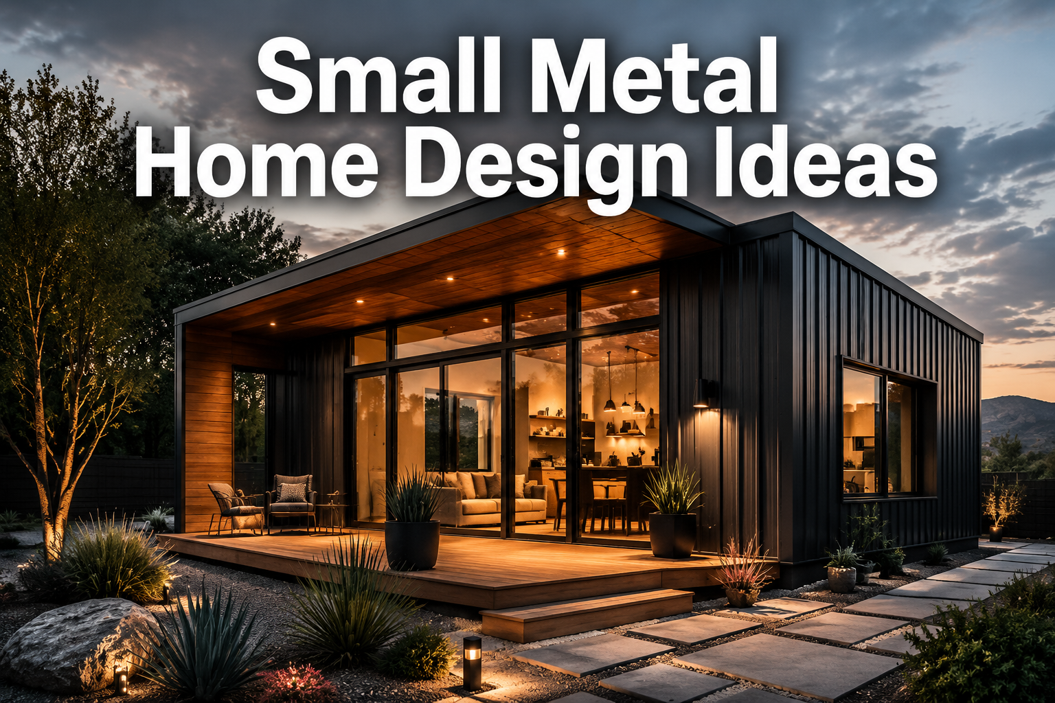 Professional () hero image with : 'Small Metal Home Design Ideas' in extra large white with dark drop , centered upper