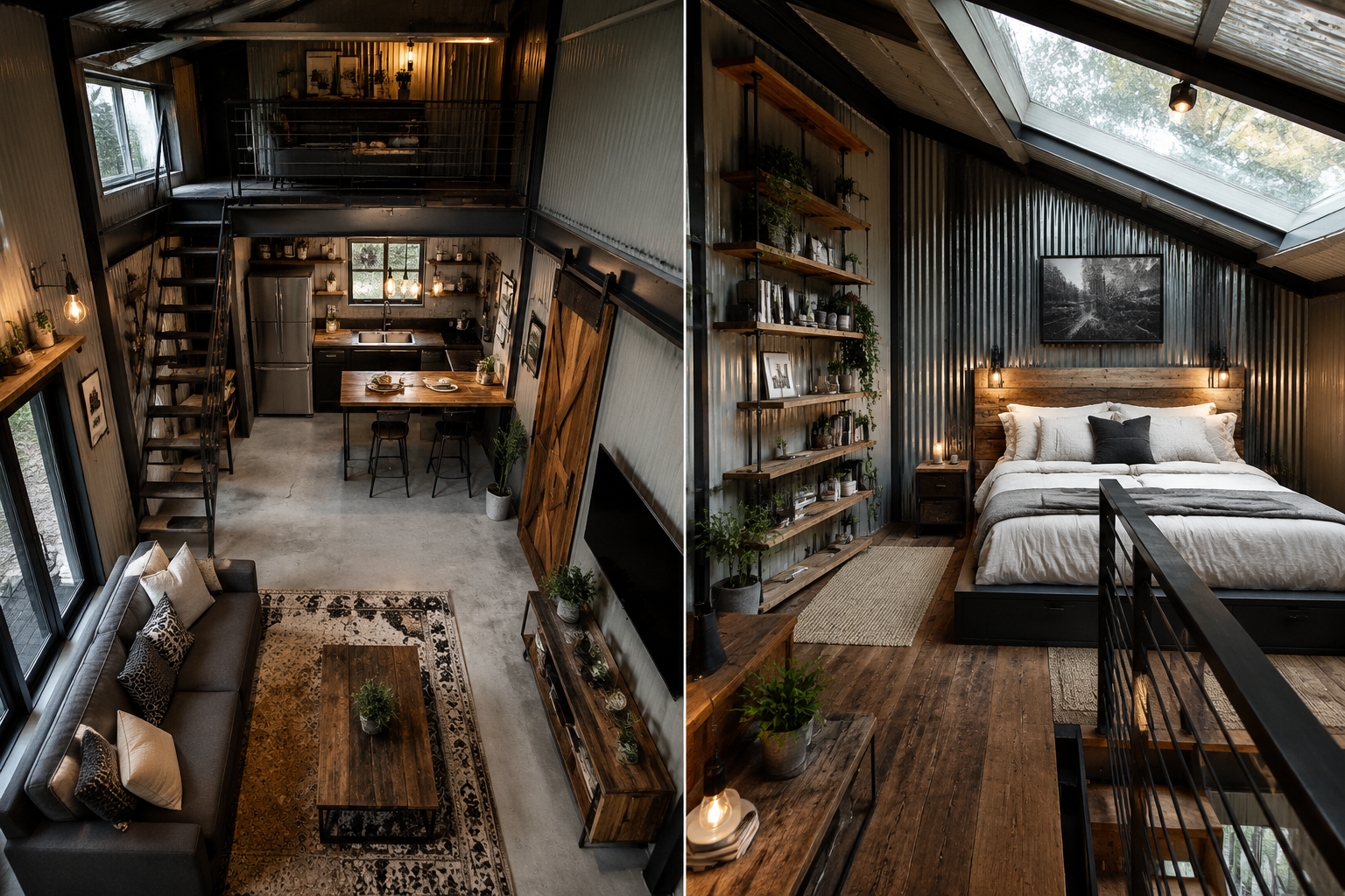 Detailed () interior collage of small metal home design ideas: split composition showing left side a compact industrial-chic