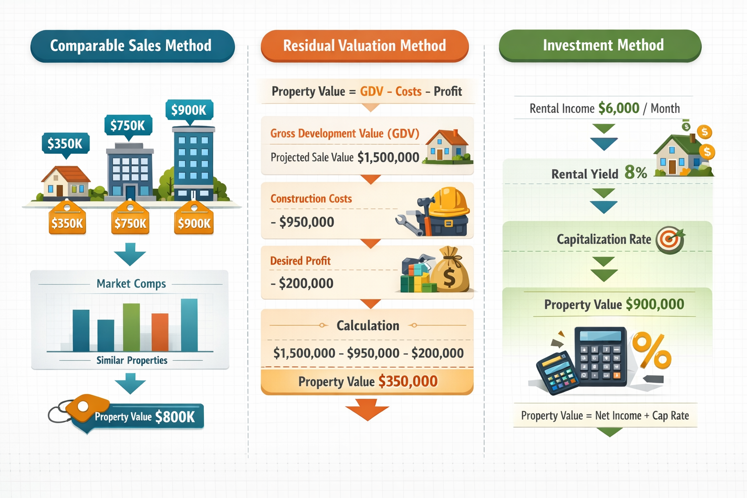 Detailed () infographic-style image displaying three distinct columns representing different valuation methodologies for