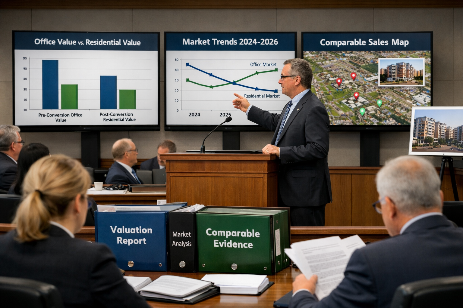 Detailed () image of formal planning dispute hearing environment showing expert witness presenting evidence on large display