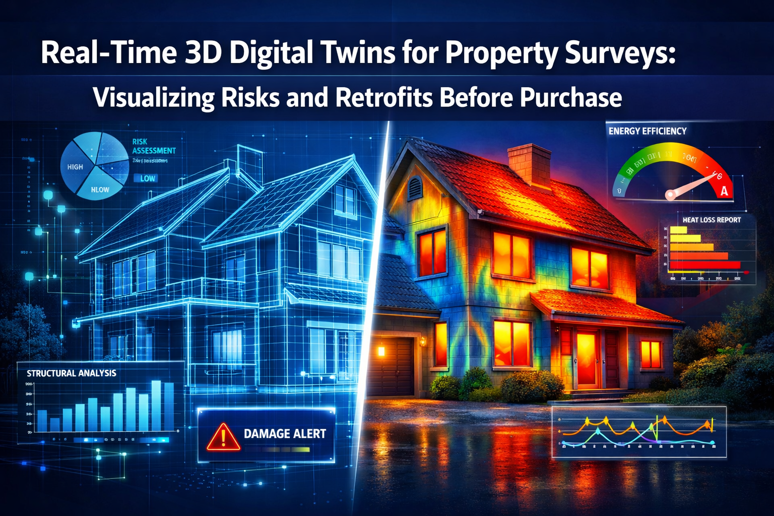 Professional landscape format (1536x1024) hero image featuring bold text overlay 'Real-Time 3D Digital Twins for Property Surveys: Visualizi