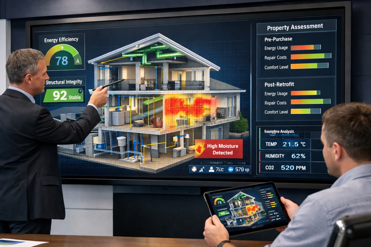 Detailed landscape format (1536x1024) image showing interactive 3D digital twin property model on large touchscreen display in modern survey