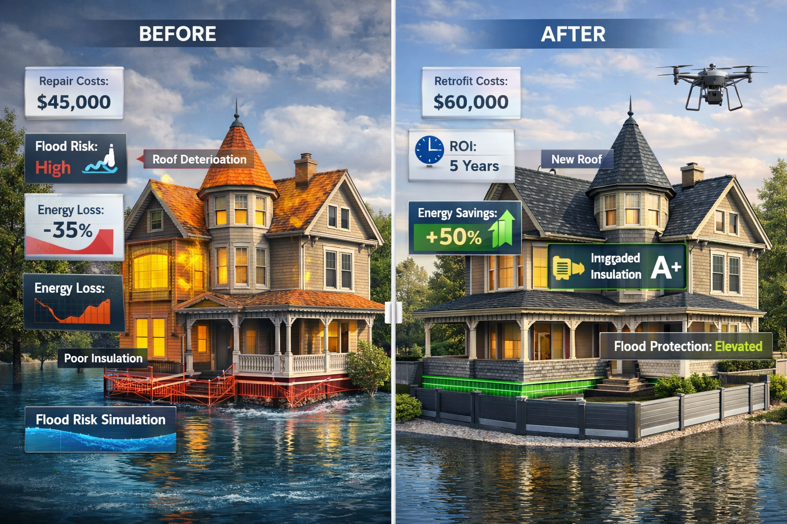 Detailed landscape format (1536x1024) visualization showing before-and-after split screen comparison of property risk assessment using digit
