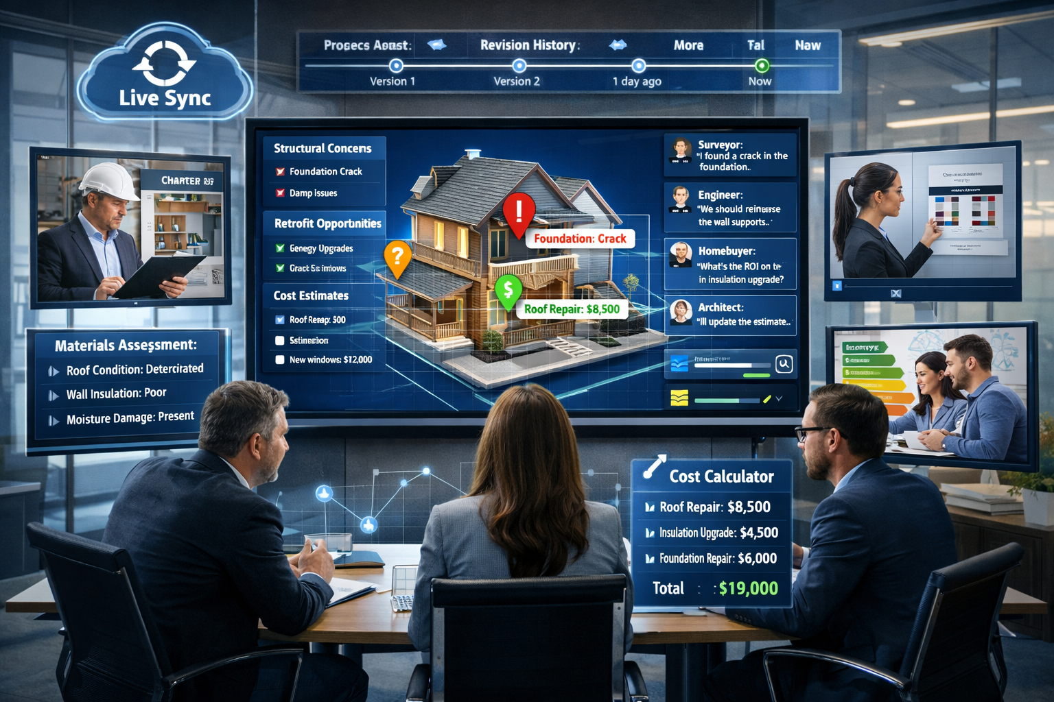 Detailed landscape format (1536x1024) image depicting cloud-based collaborative digital twin platform interface showing multiple stakeholder