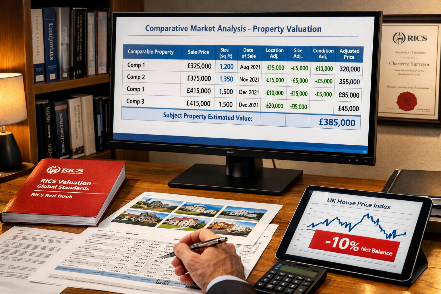 Detailed () image showing close-up of professional RICS chartered surveyor conducting comparative market analysis at modern