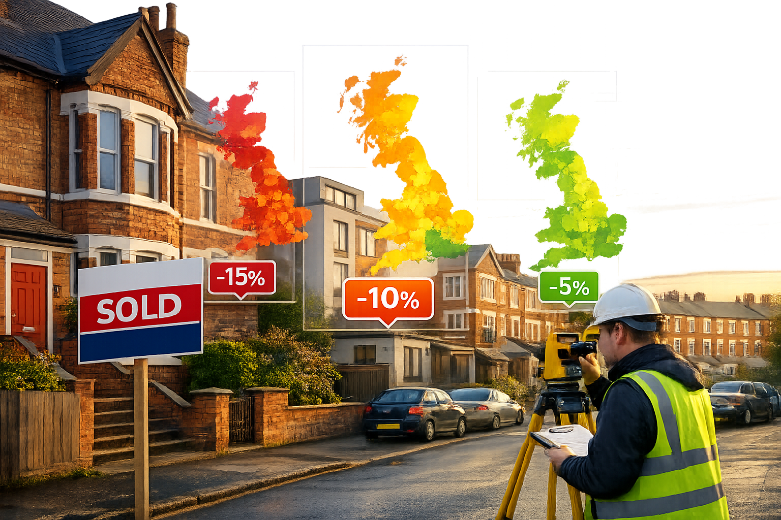 Wide-angle () image depicting modern UK residential street scene with diverse property types showcasing regional market