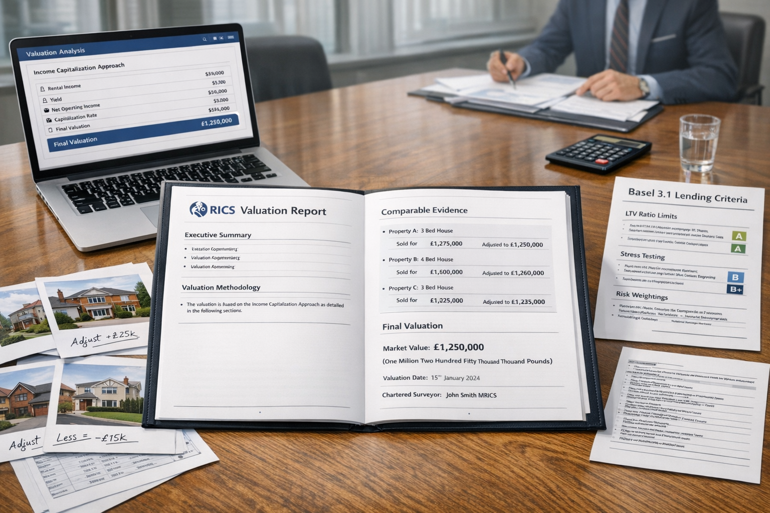 Detailed () image showing sophisticated property valuation report presentation scene. Central focus on opened professional