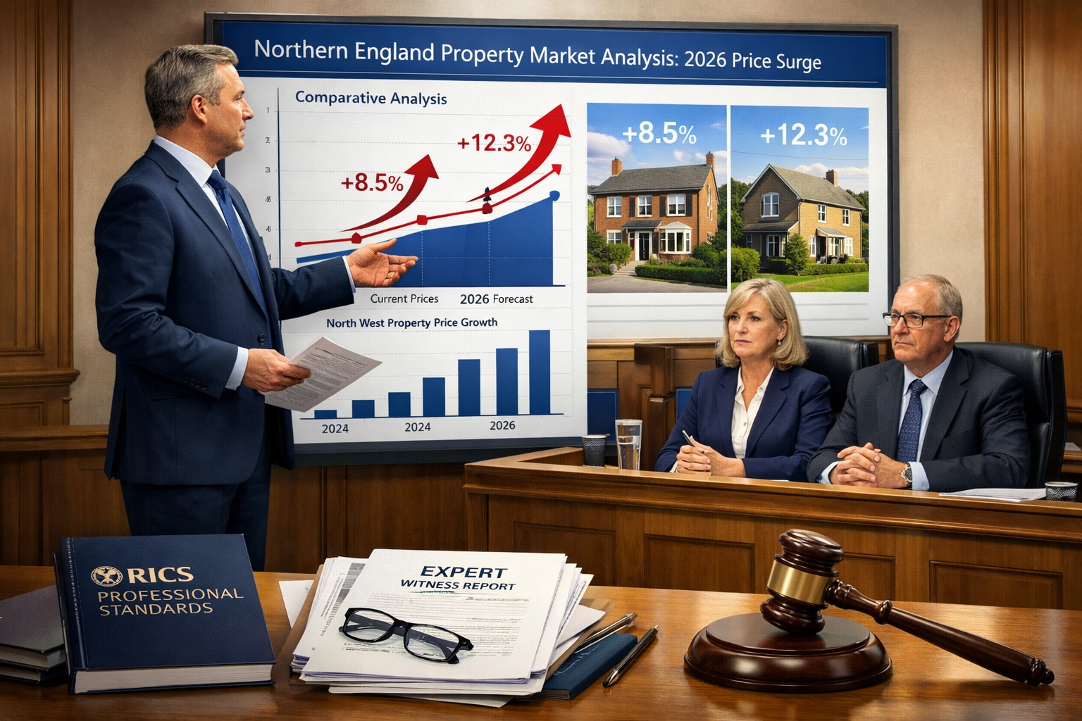 Landscape format (1536x1024) detailed illustration showing RICS expert witness in professional business attire standing before tribunal pane
