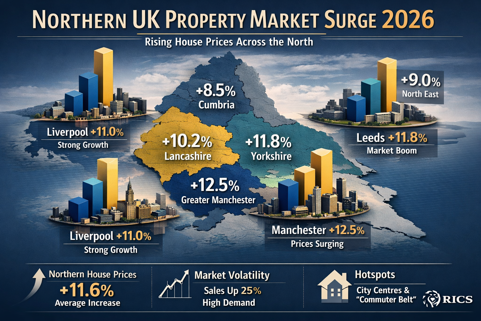 A detailed editorial-style infographic visualizing the 2026 Northern UK property market surge, featuring a landscape map of Northern England