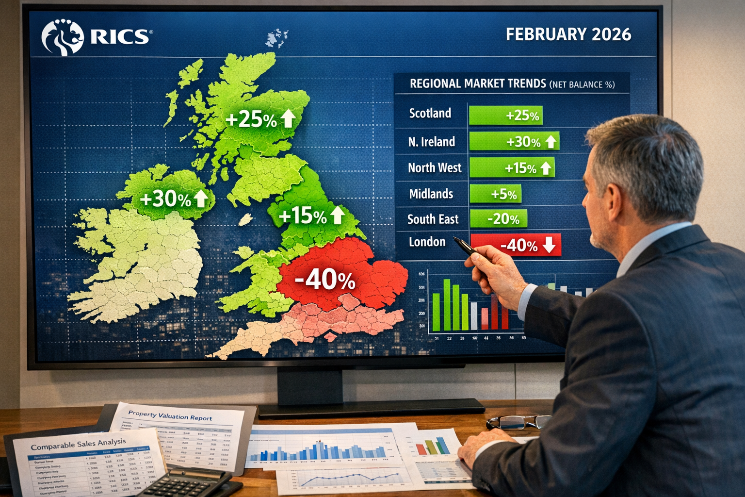 Detailed () image showing professional surveyor analyzing property data on large digital screen displaying UK regional map