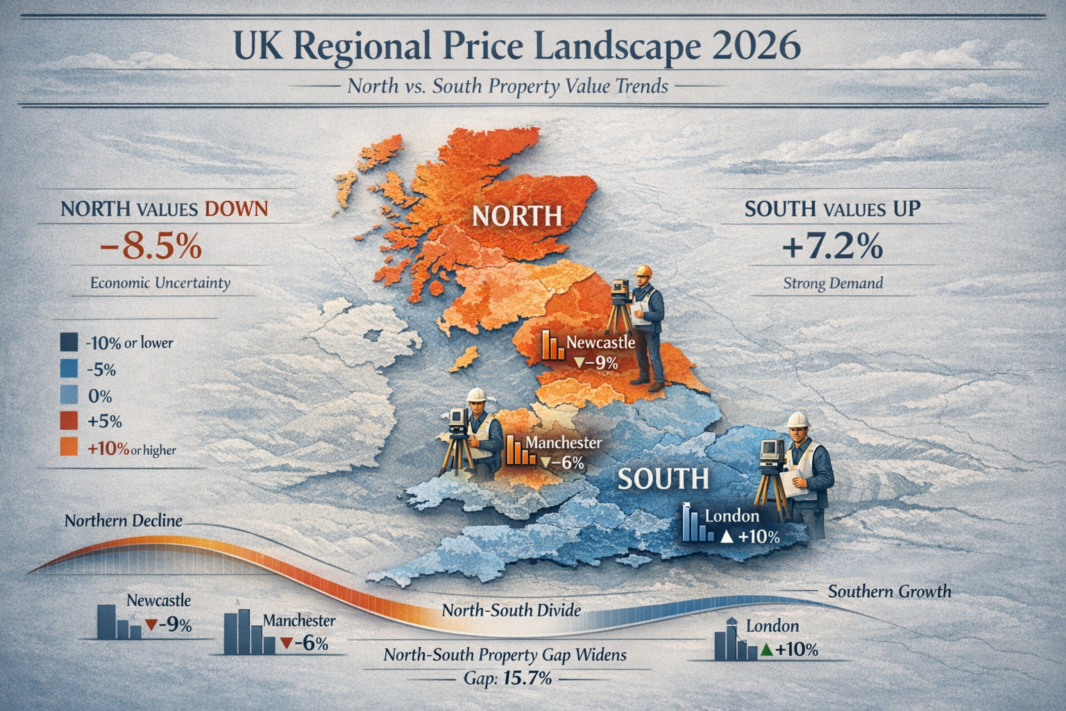 A detailed editorial-style infographic visualizing the 2026 UK regional price landscape, featuring a large map of Britain