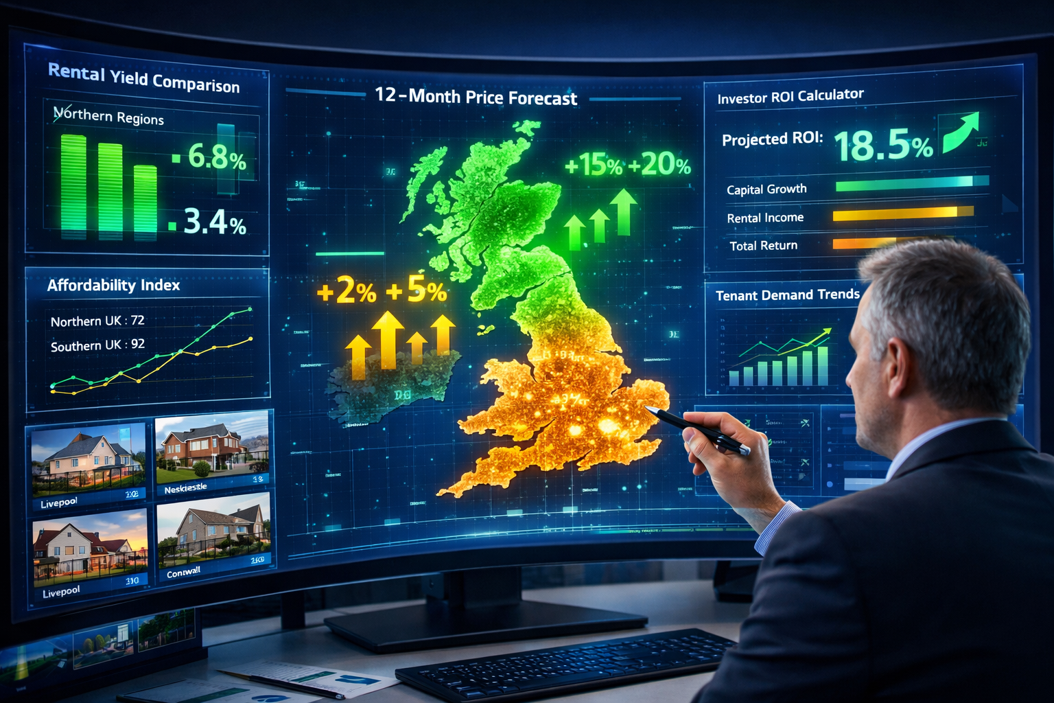 Detailed () image showing futuristic property market forecasting dashboard on large curved monitor display. Screen features