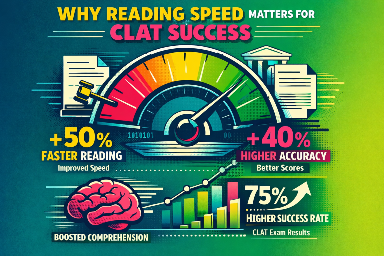 3D rendered, modern CGI, clean lighting, Andy Warhol pop art style, bold colors, screen print effect, Why Reading Speed Matters for CLAT Suc