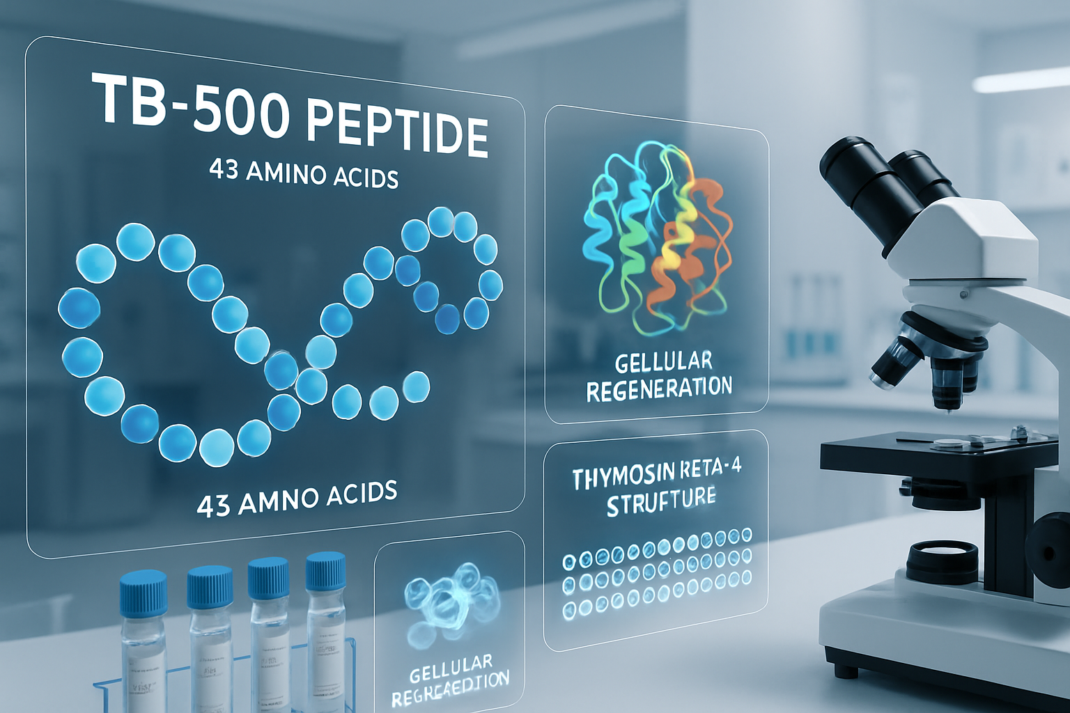 Scientific laboratory scene showing TB-500 peptide molecular structure with 43 amino acid chain visualization, 3D protein folding diagram, r