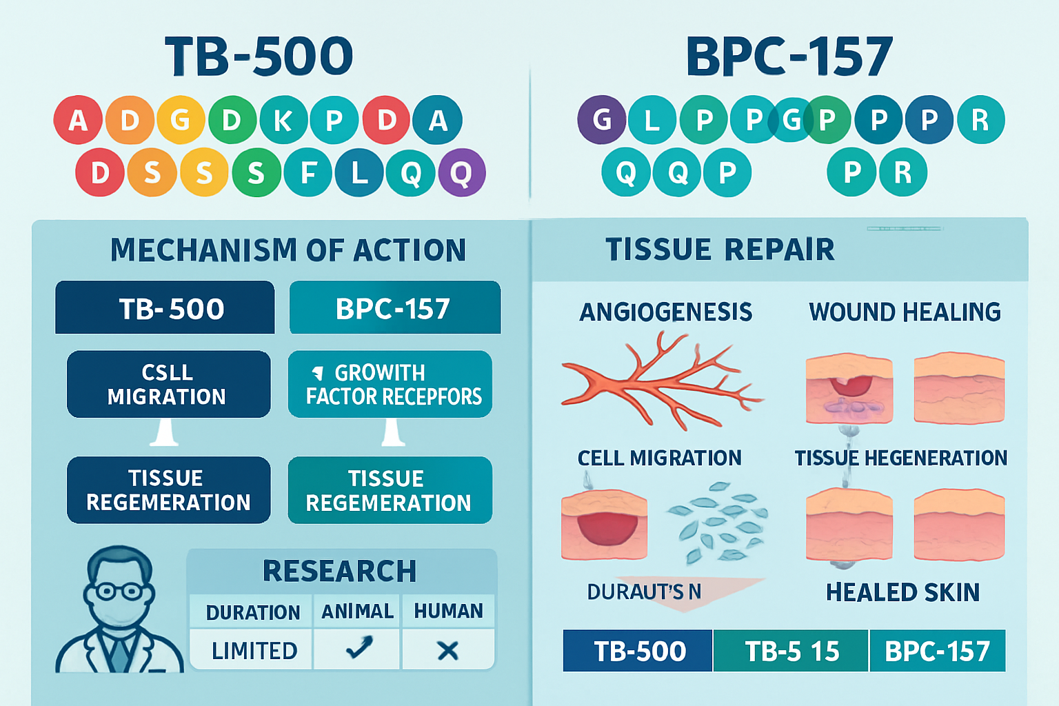 Comparative research infographic displaying TB-500 versus other peptides like BPC-157, with side-by-side molecular structures, mechanism of 