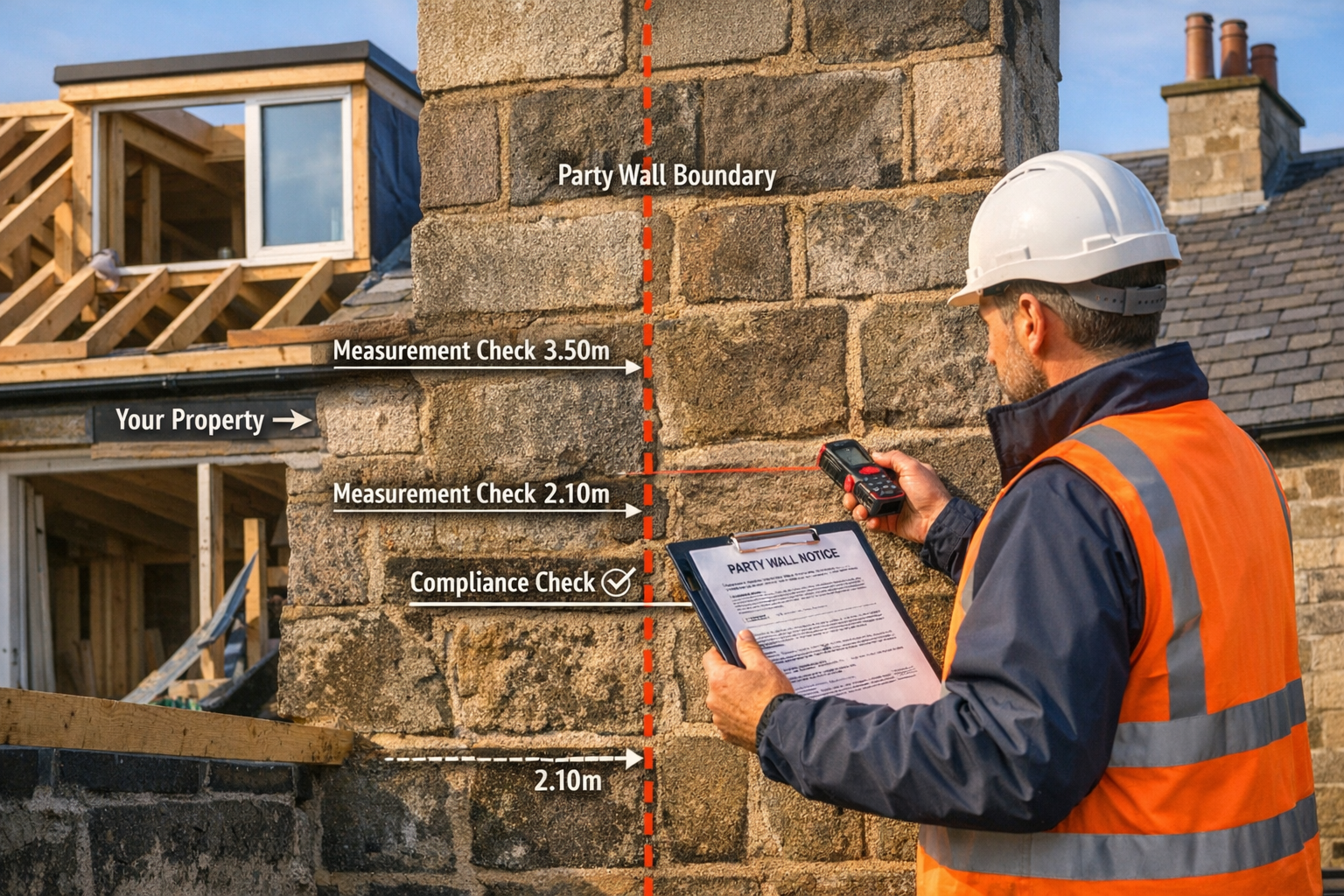 Detailed () image showing professional surveyor in high-visibility vest and hard hat conducting detailed inspection of
