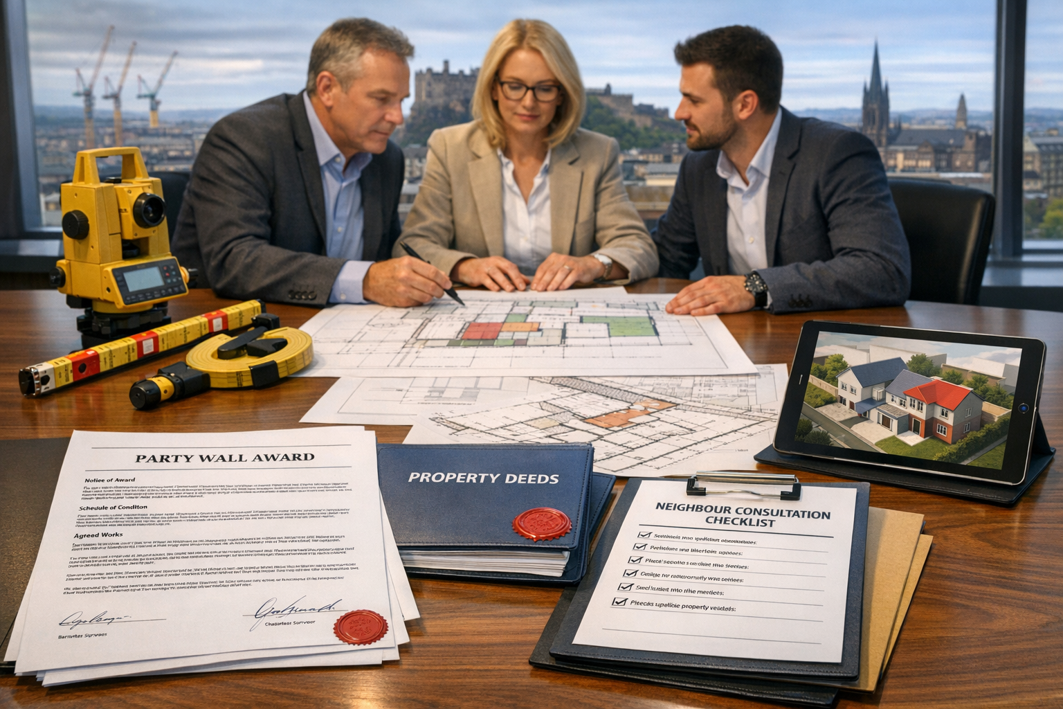 Detailed () image showing professional meeting scene with three people around modern conference table reviewing party wall