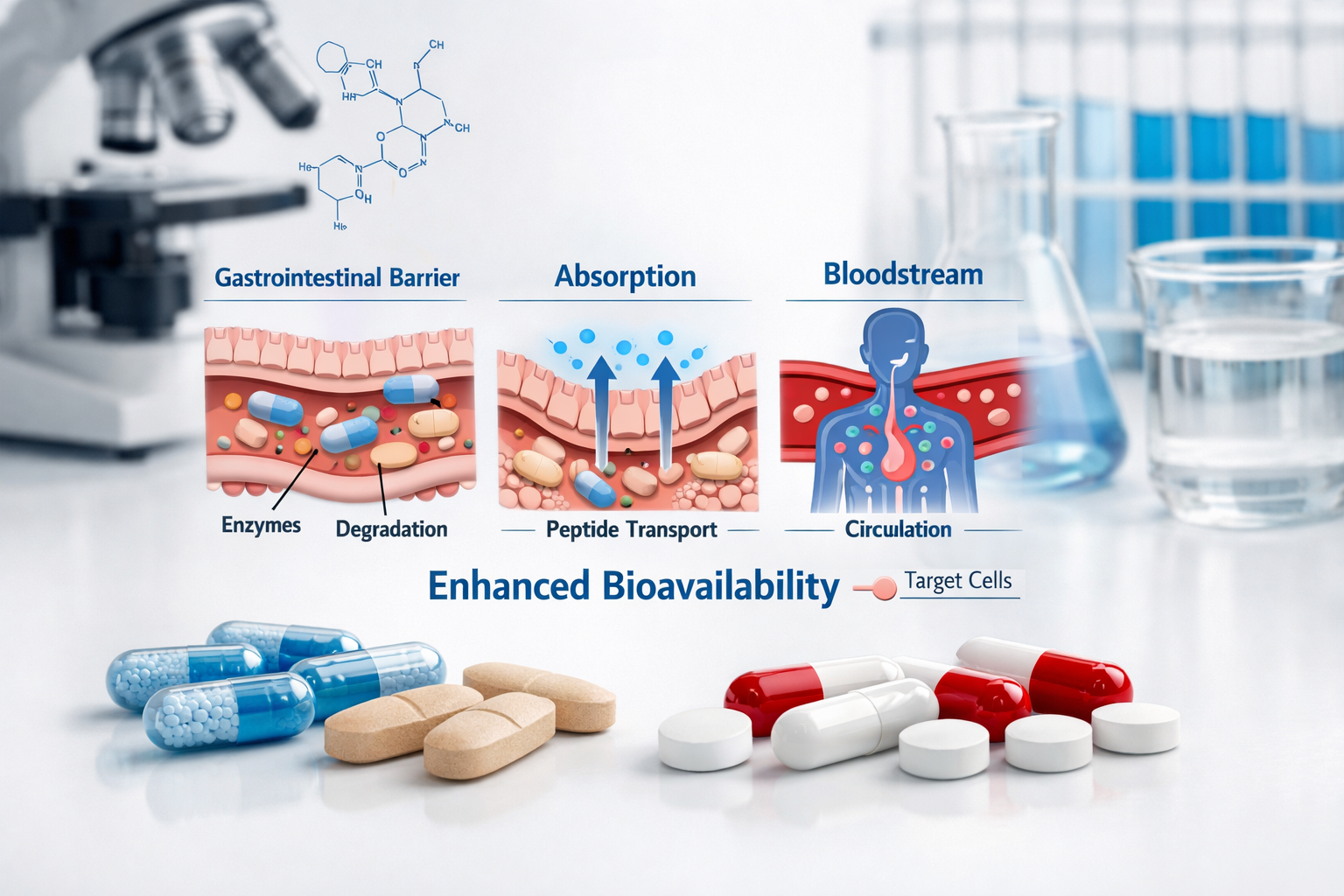 Scientific laboratory scene showing oral peptide capsules and tablets arranged on clean white surface with molecular structure diagrams in b
