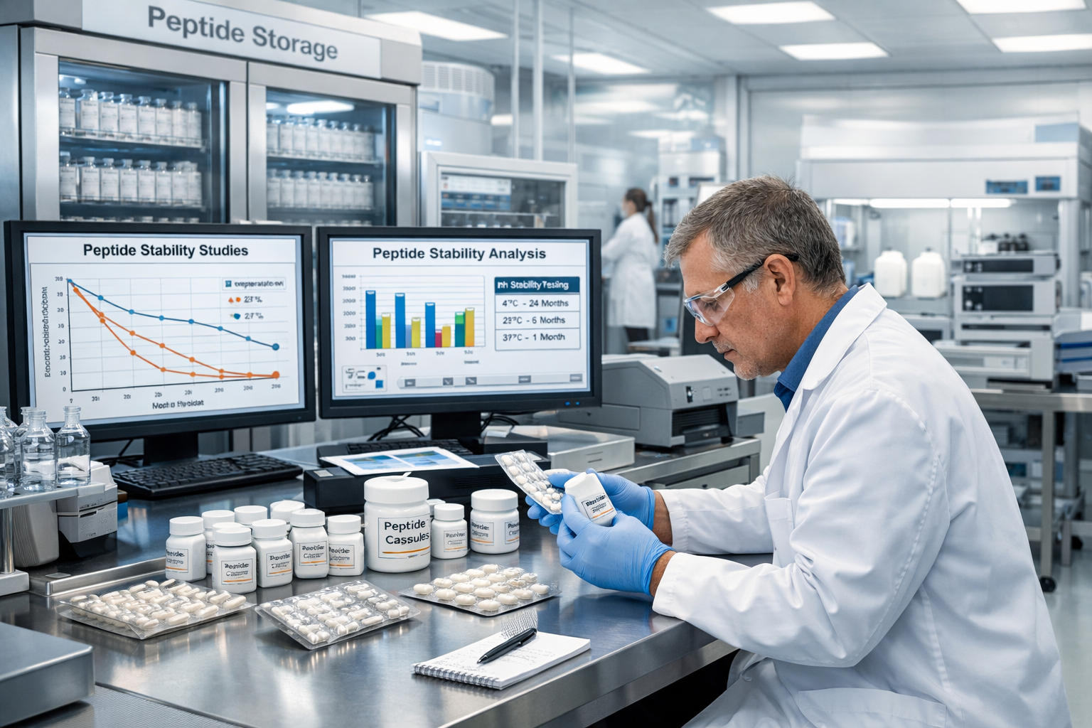 Professional research facility interior with peptide storage systems, quality control testing equipment, scientist in lab coat examining ora