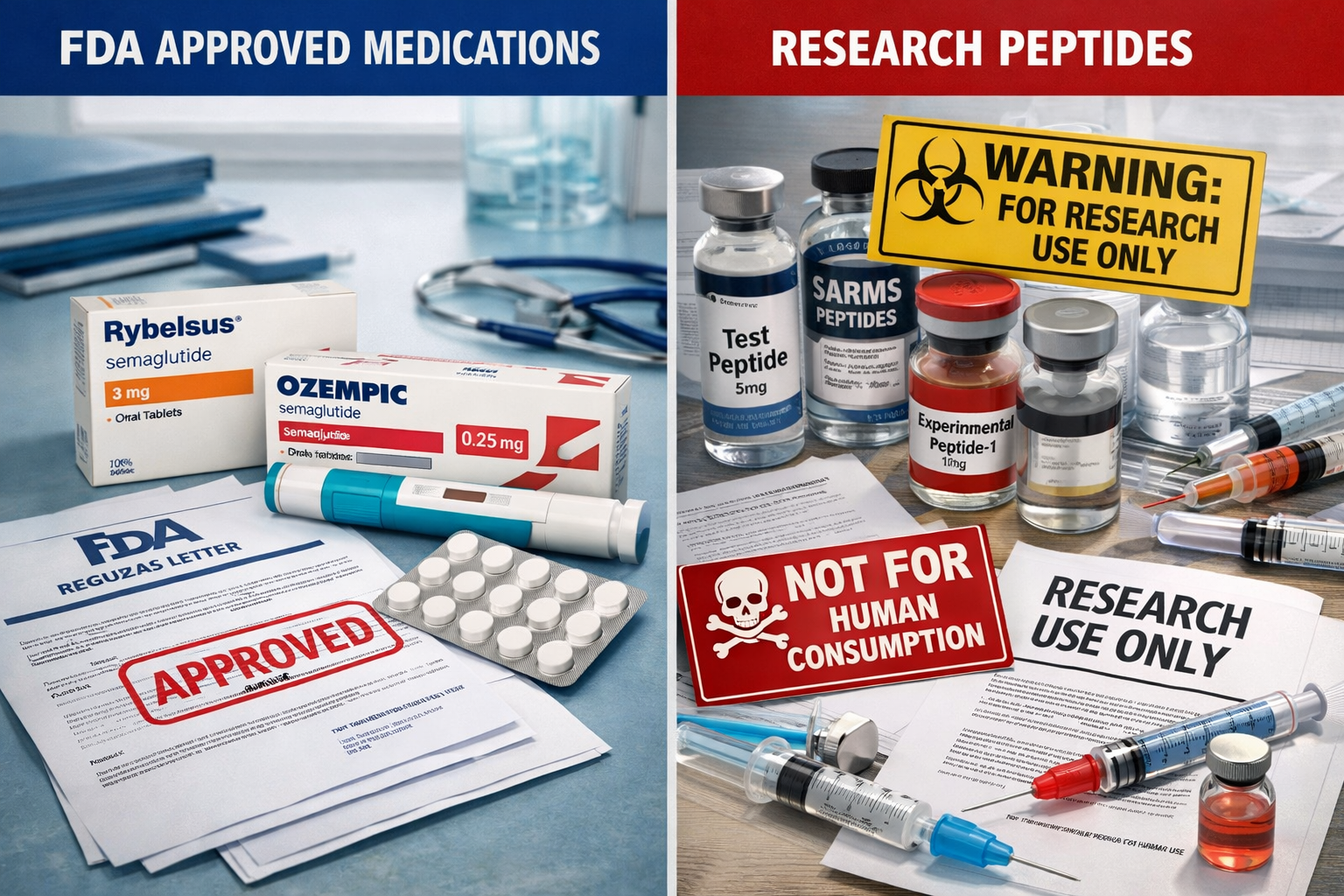 Split-screen composition showing legitimate FDA-approved oral peptide medications on left side versus research-only peptides with warning la