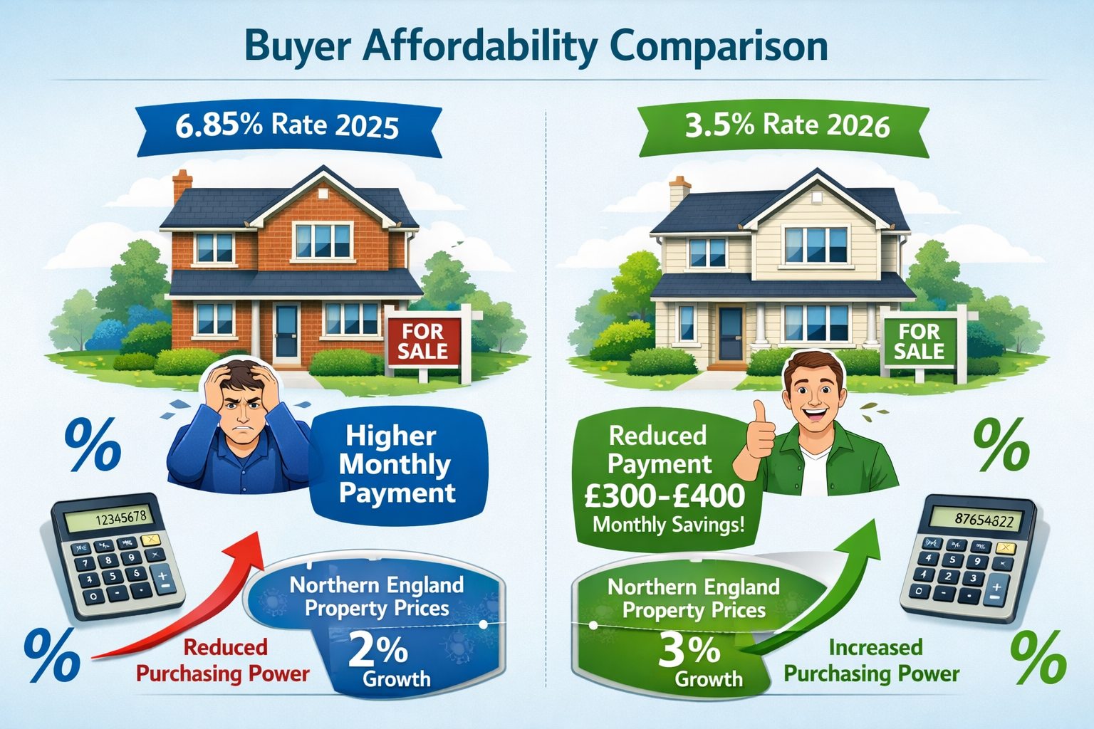 Landscape format (1536x1024) detailed infographic showing buyer affordability comparison charts with two side-by-side house illustrations, o