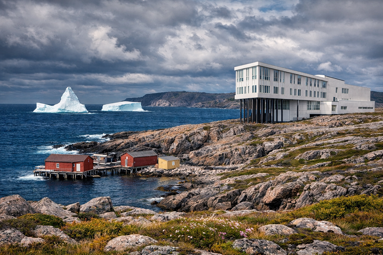 Landscape editorial photograph (1536x1024) showing dramatic coastal scenery of Fogo Island, Newfoundland with distinctive angular modern arc