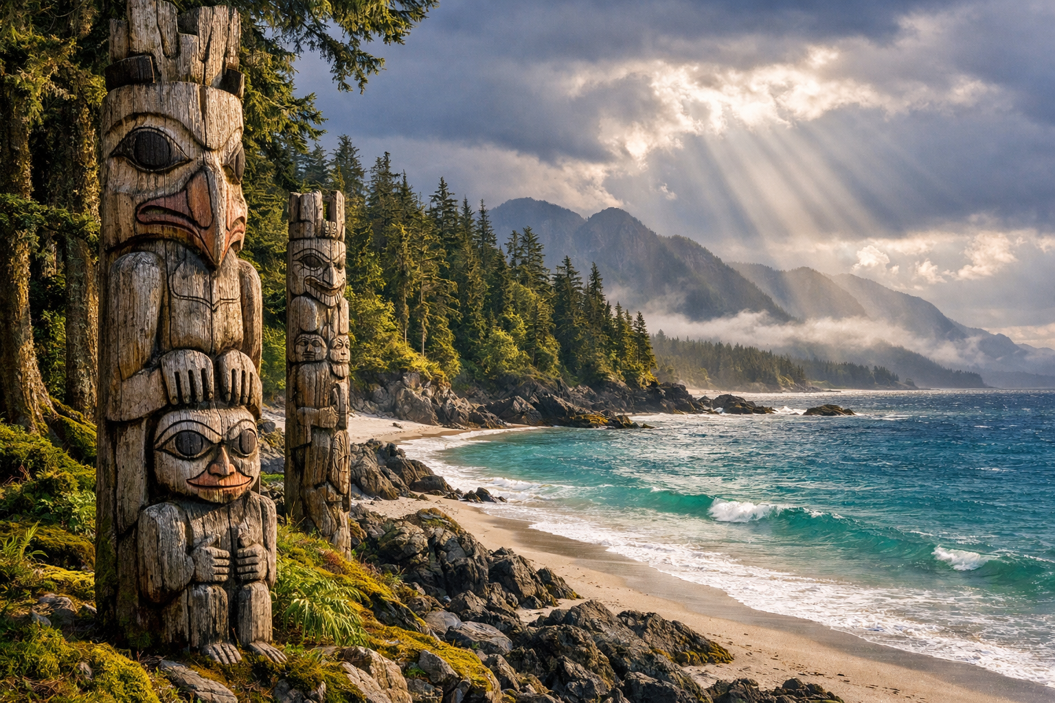 Landscape photograph (1536x1024) showcasing the pristine turquoise waters and white sand beaches of Haida Gwaii (Queen Charlotte Islands) Br