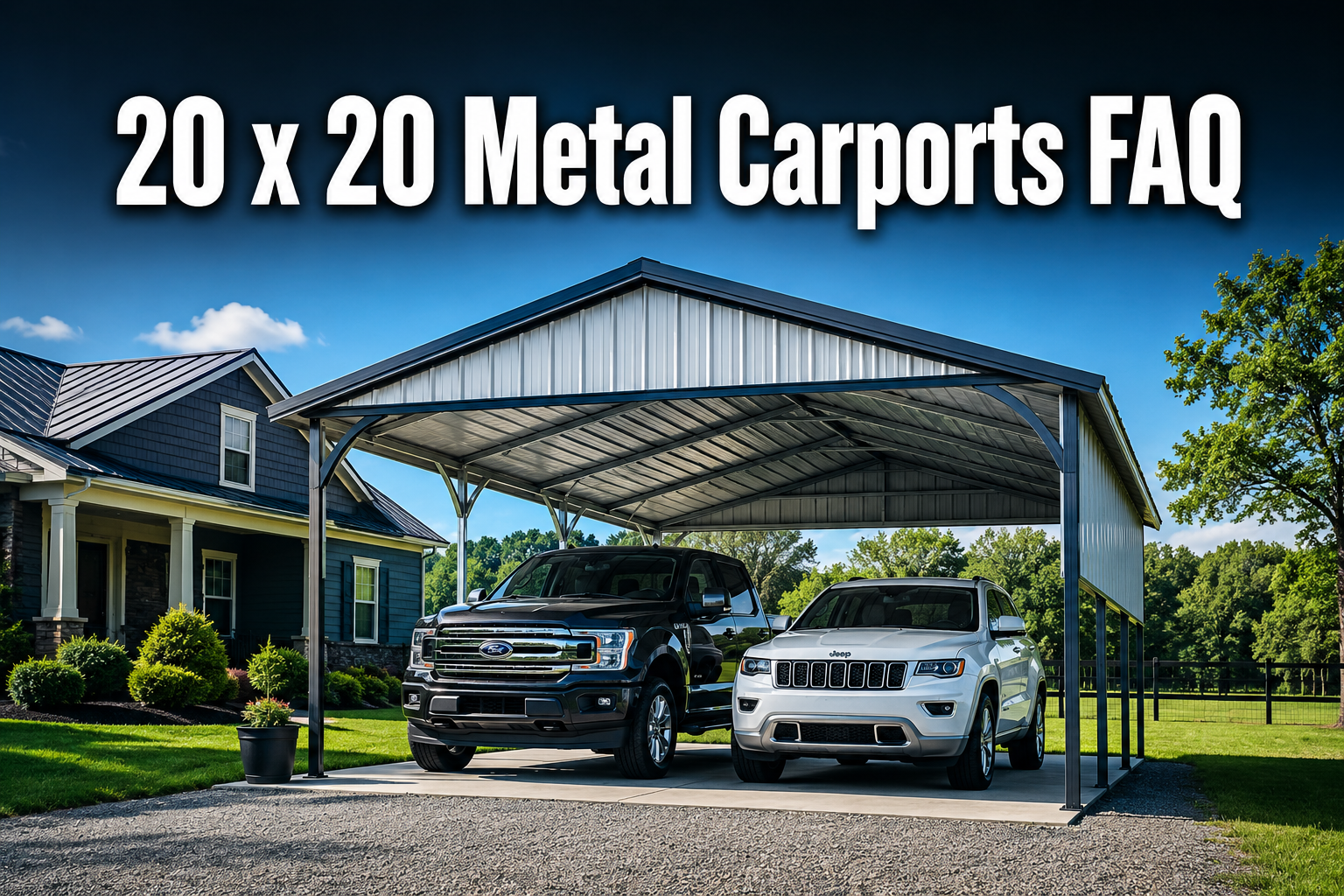 Professional () hero image featuring '20 x 20 Metal Carports FAQ' in extra large white with dark drop , centered in upper