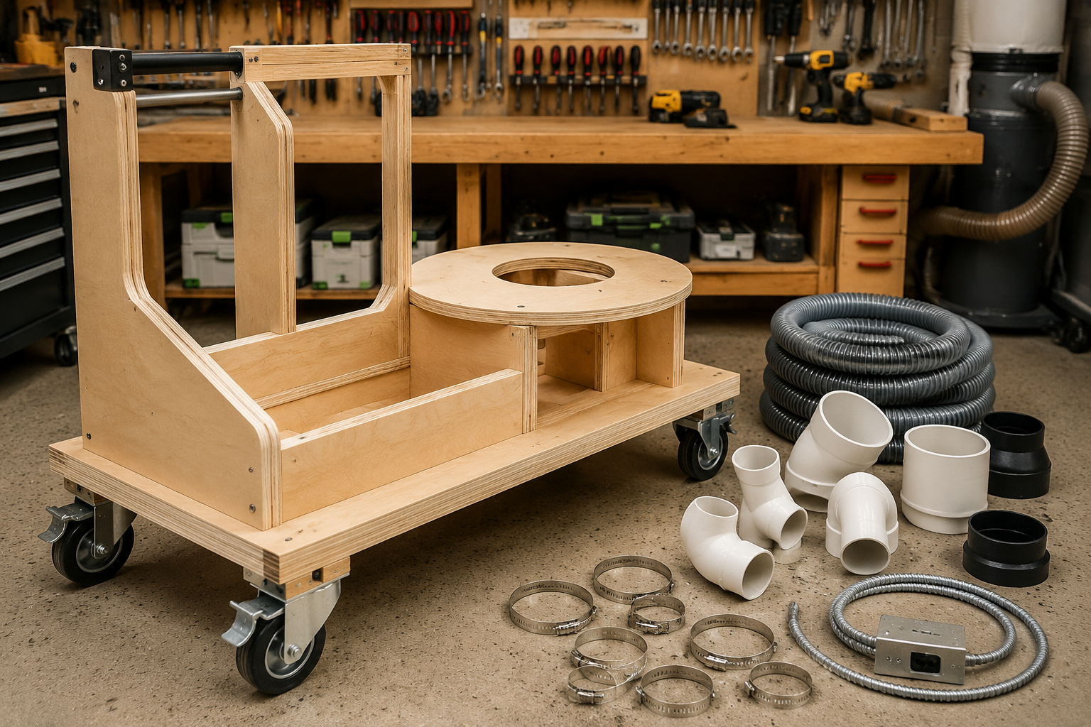 A detailed, eye-level landscape shot () of a partially constructed portable dust extraction cart frame made from sturdy