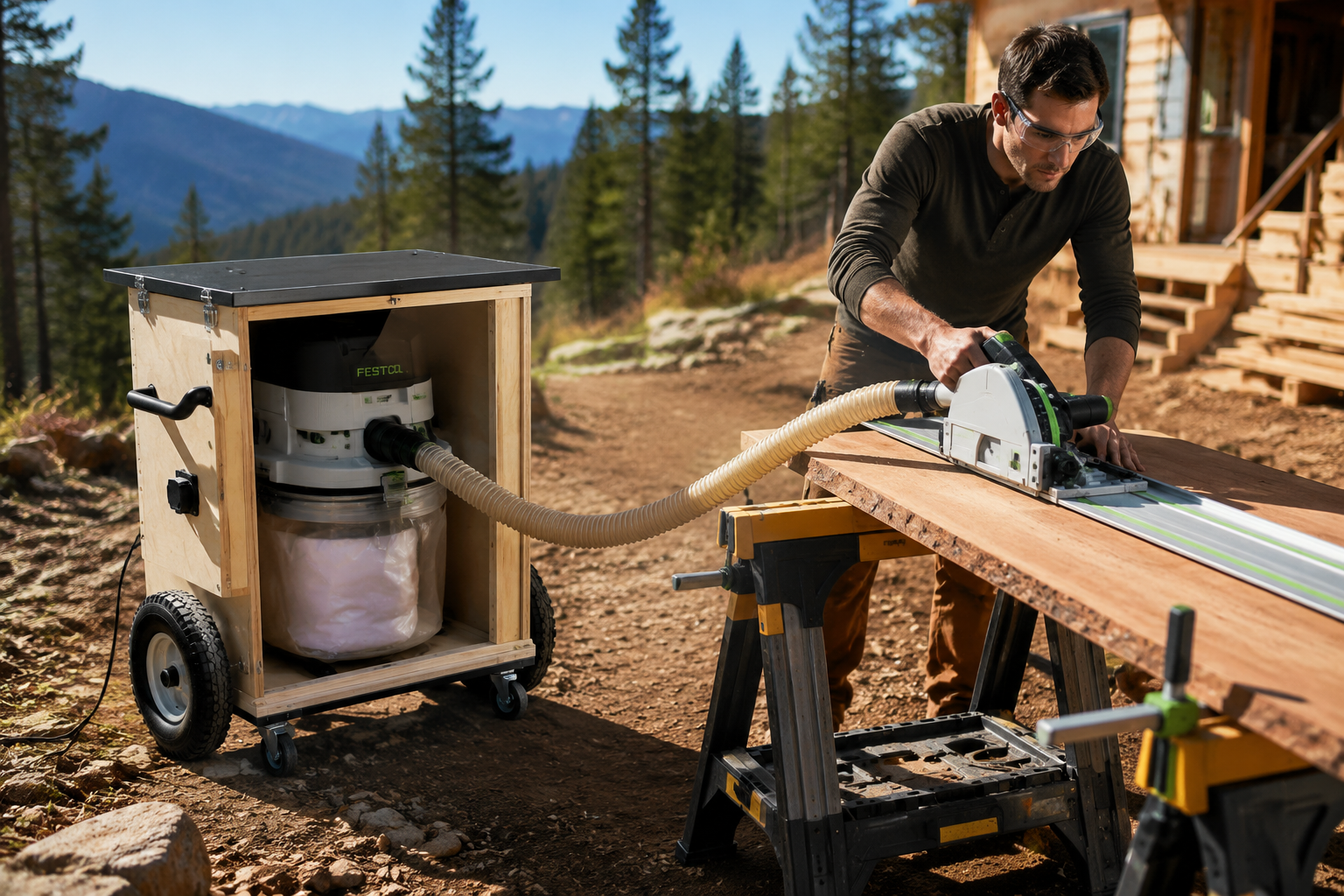 A dynamic, slightly elevated landscape shot () illustrating the full functionality of a completed portable dust extraction