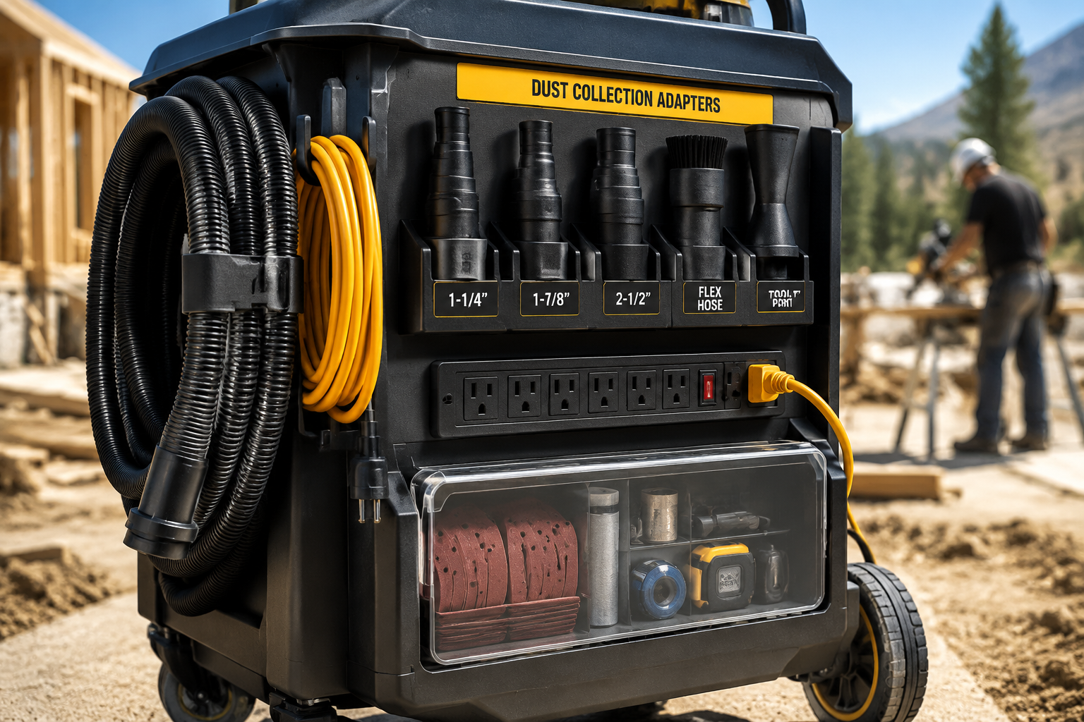 A vibrant, close-up landscape shot () focusing on the smart storage solutions integrated into a portable dust extraction