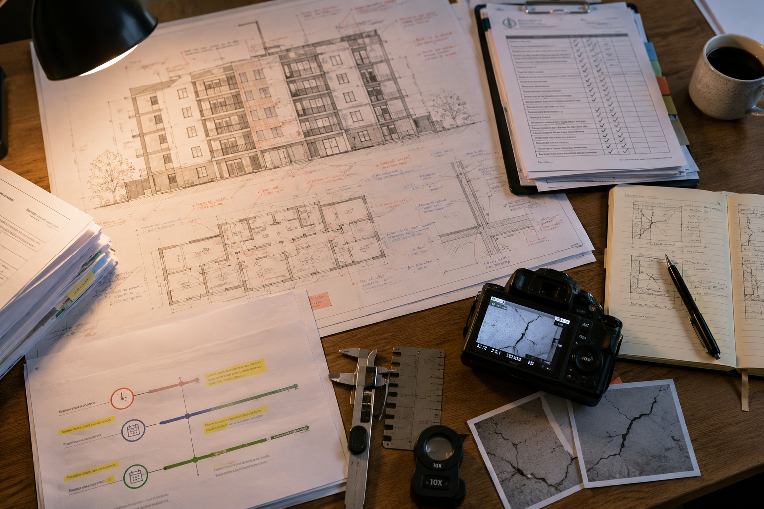 Detailed () showing a chartered surveyor's desk viewed from above, spread with annotated structural drawings of a mid-rise