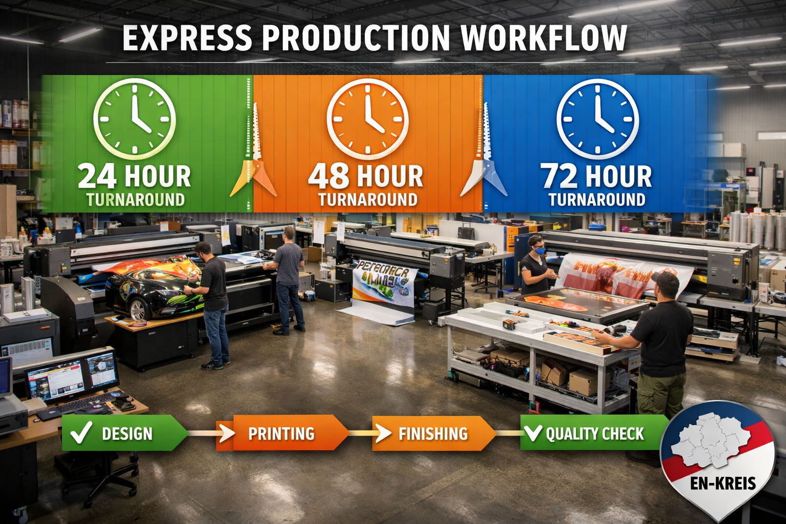 Landscape format (1536x1024) image showing express production workflow in advertising technology facility with timeline infographic overlay 
