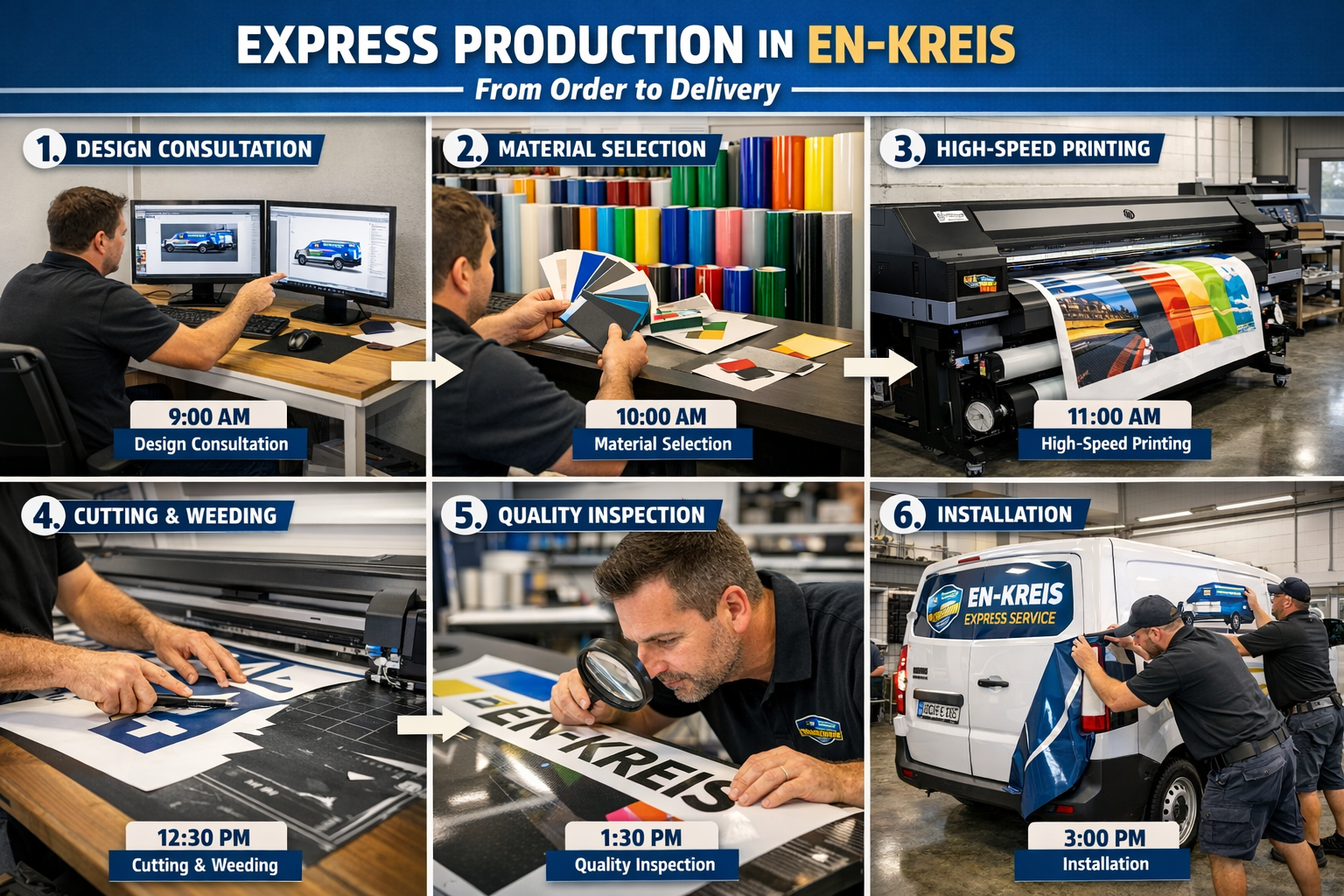 Landscape format (1536x1024) image illustrating the complete express production process from order to delivery in EN-Kreis. Step-by-step vis