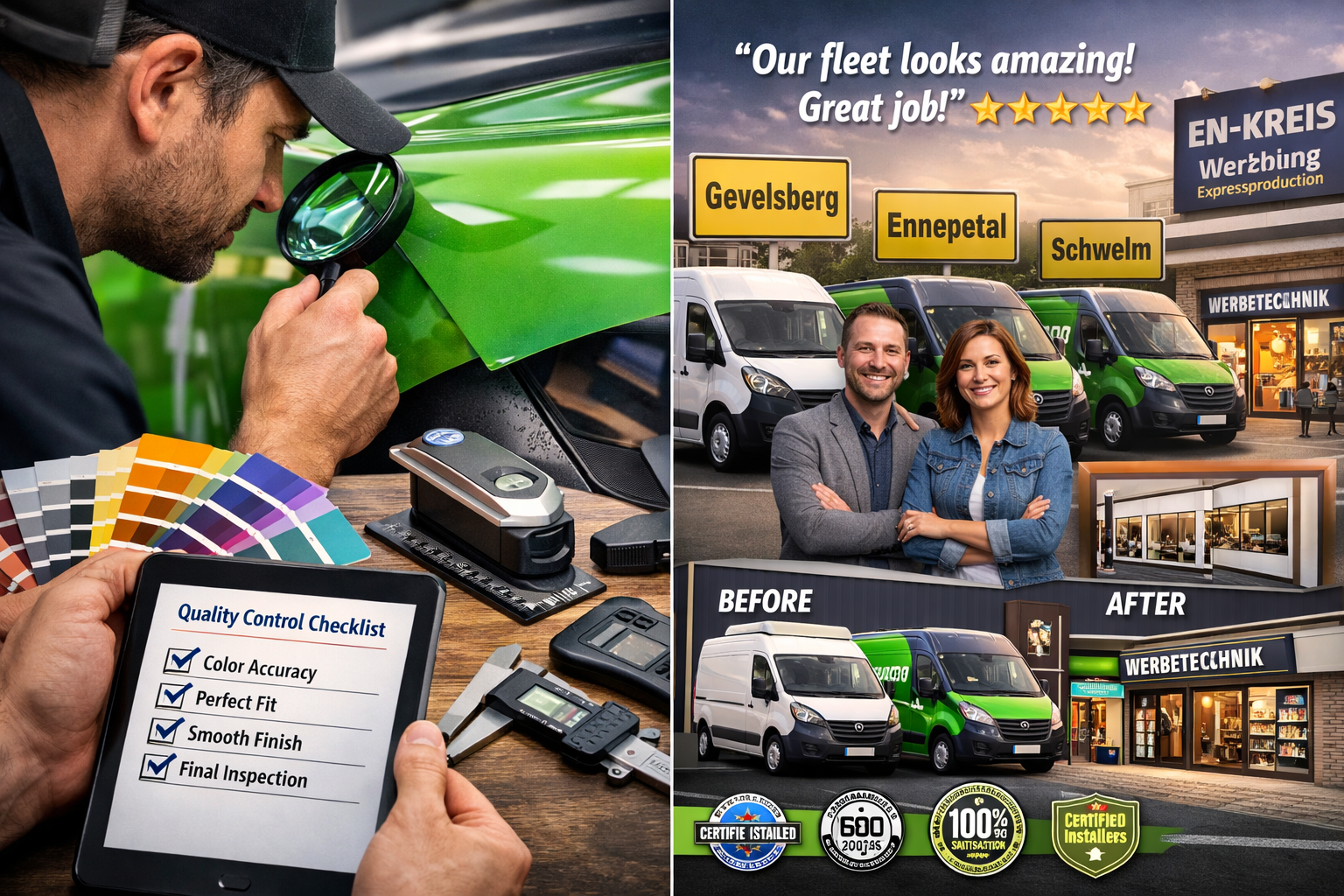 Landscape format (1536x1024) image depicting quality control and customer satisfaction in express advertising production. Split composition 