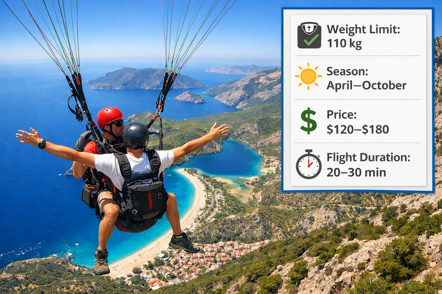 () detailed editorial composite image showing a tandem paraglider soaring above Babadağ Mountain at 1,957 metres, with a